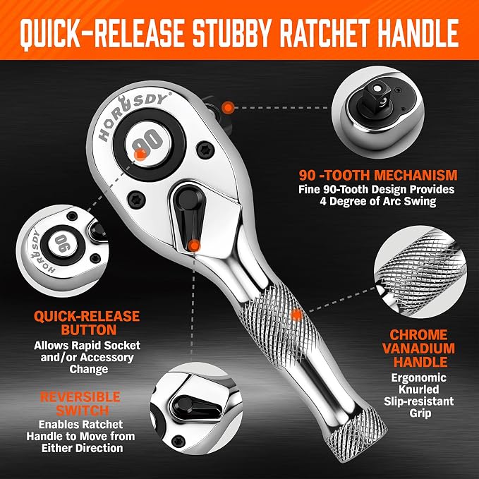 HORUSDY 3 Piece 90T Stubby Ratchet Handle Set, 1/4" 3/8" 1/2" Drive Mini Socket Wrench, Compact Reversible Ratchets for Tight Spaces, Car & Home Repair, DIY, Mechanic Tool
