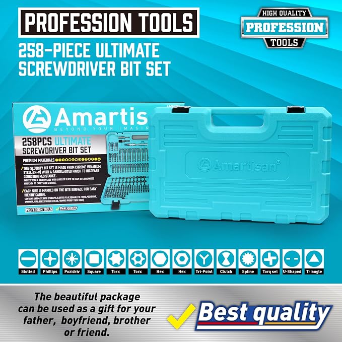 Amartisan 258-Piece Ultimate Screwdriver Bit Set,Chrome Vanadium Steel Driver Bit Set, Security bit set, Includes Bits Holder, Nut Driver, etc (Blue)