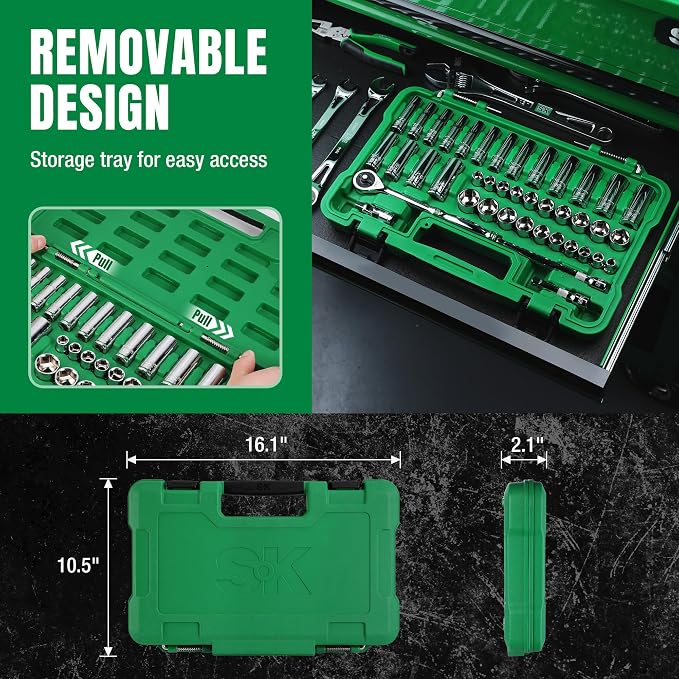 SK 3/8" Drive Socket Set with 216-P Ratchet, 41-Piece, SAE & Metric Sockets | Quick-Release Ratchet, SuperKrome Finish, Premium CR-V Steel, Heat Treated, with Storage Suitcase