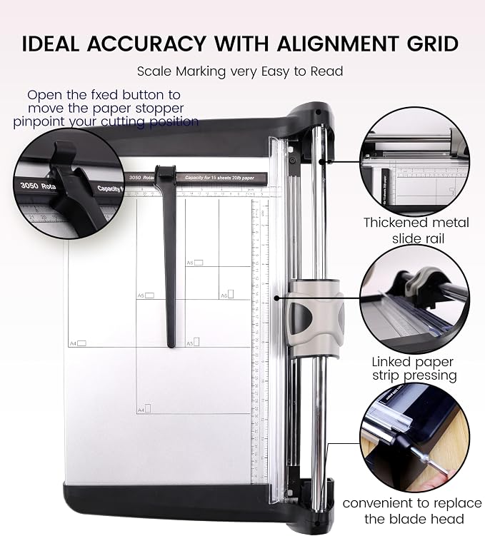 Rotary Paper Cutter, Heavy Duty Paper Trimmer 360mm(14.17") Cutting Length with Safety Blade Handle and Guides,15 Sheets Capacity,Ideal for Offices,Homes,Printing Shops,Photo Studios