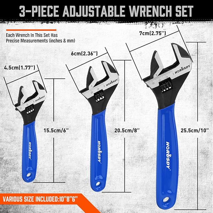 HORUSDY 3-Piece Adjustable Wrench Set (6/8/10 in), Wide Jaw Black Oxide Finish, Cr-V Steel, Metric & SAE Scales, Adjustable Spanner Set for Home Garage Workshop