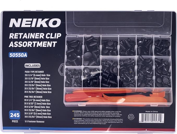 NEIKO 50550A Retainer Clips Assortment, 245pc Automotive Fasteners, Car Bumper Clip for Fender Liner, Door Panel Plastic Clips, Plastic Rivets, Trim Removal Pry Bar Tool, GM, Toyota, Ford, Honda