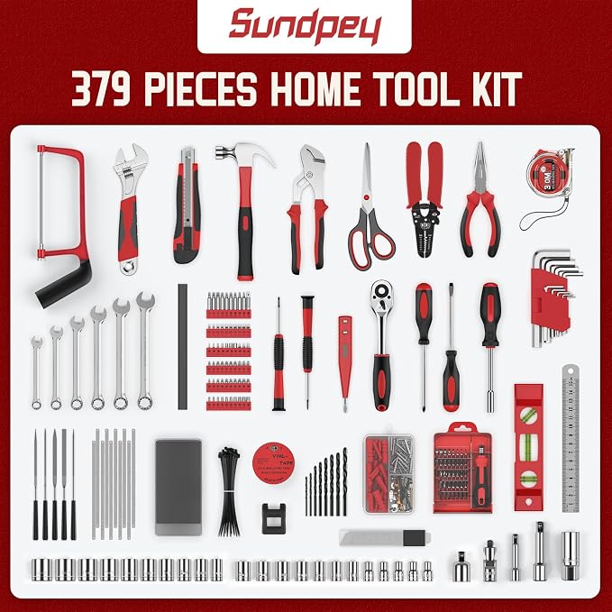 Sundpey 379 Pcs Portable Complete Home and Auto Tool Kit with Drawer Red | with Socket Wrench Set & Screwdrivers & Hex Keys & Pliers Kit,Men Women Tool Box Set for Household Car House Garage Apartment