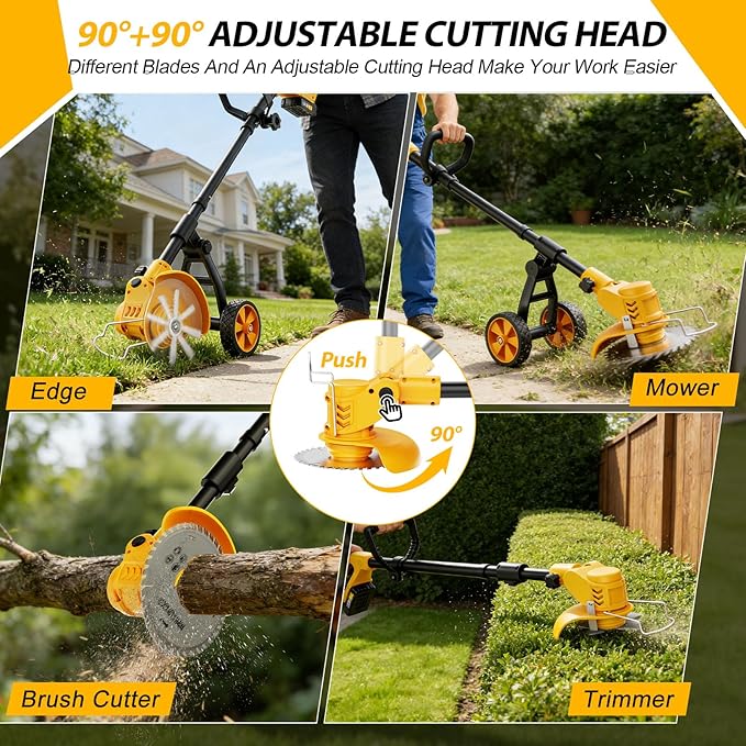 Electric Weed Wacker Cordless, Electric String Trimmer with 3 Types Blades & Removable Auxiliary Wheels, Brush Cutter & Grass Trimmer & Lawn Edger with for Garden Yard (YellowB)