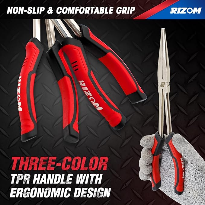 RIZOM 11 Inch Long Needle Nose Pliers, 3Pcs Needle Nose Pliers Set, 90° & 45° Bent Nose Pliers Designed for Long Reach and Narrow Spaces, Includes Storage Bag