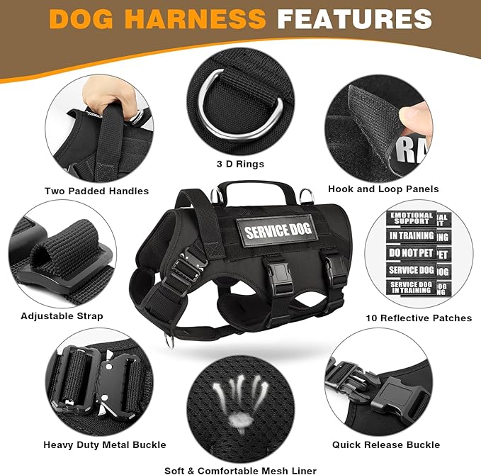 Tactical Dog Harness with Dog Leash, Service Working MOLLE Vest with 10 Pet Patches for Large Dog, No Pull Military Harness and Backpack for Training Hunting Walking