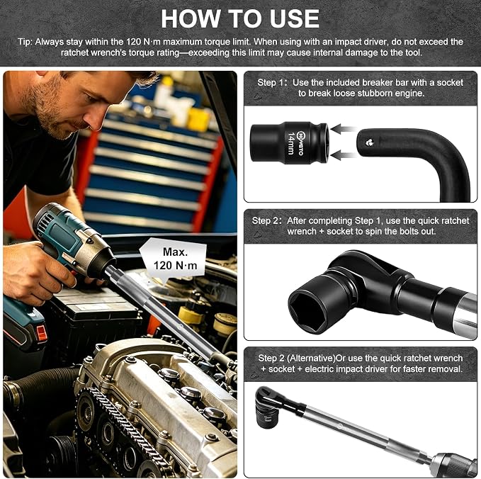1/2" Offset Extension Wrench, 120Nm Impact-Ready Ratchet, 430mm | Features a 42T precision gear for smooth operation,Specifically designed to easily access narrow auto repair working spaces