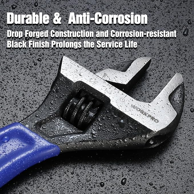 WORKPRO 6-Inch Compact Adjustable Wrench, Wide Jaw Cr-V Steel Black Oxide Finish, for Medium-Duty Use (M6–M16 Bolts), Metric & SAE Scales, for Home, Garage, DIY & Light Workshop Applications