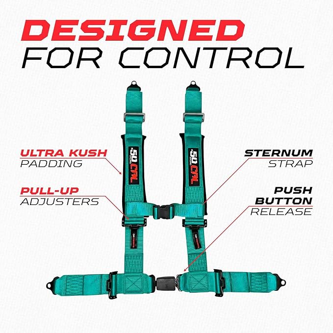 1pc 50 Cal Teal 4 Point Harness 2" Straps, Racing Harness Seat Belt | Ultra Kush padding, Push Button quick release hardware. Universal Fit for UTV, RZR, race car.