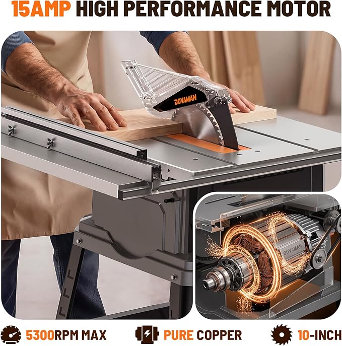 DOVAMAN 10-Inch 15A Table Saw, Tablesaw/W Stand, Max Cutting Height: 2.48" (45°) / 3.35" (90°), 5300 RPM Copper Motor, Extension on One Side, Multifunctional Table Saw for Various Wood Working