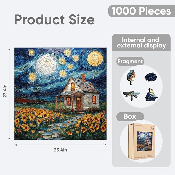 Leodozzio 1000Pcs Wooden Jigsaw Puzzle Starlight House WallDecor 19x19in | 5mm think safe wood,hand-painted unique shape pieces,Starlight House art Decor,relaxing brain teaser,Gift for Adults&Teens