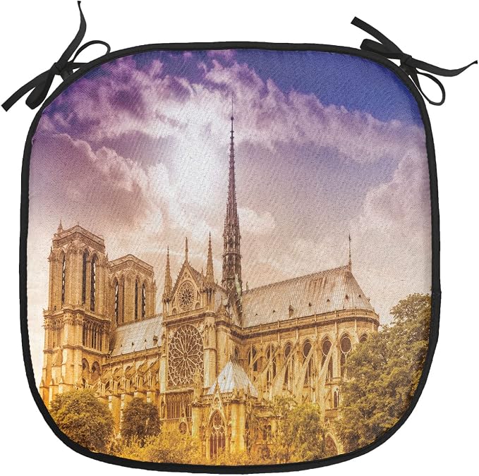 Lunarable Paris Chair Cushion Pads Set 12, Notre Dame Paris Parisian Gothic Trees Forest Sun Cloudy Sky, Anti-Slip Seat Padding for Kitchen & Patio, 16"x16", Yellow Pink Violet Blue