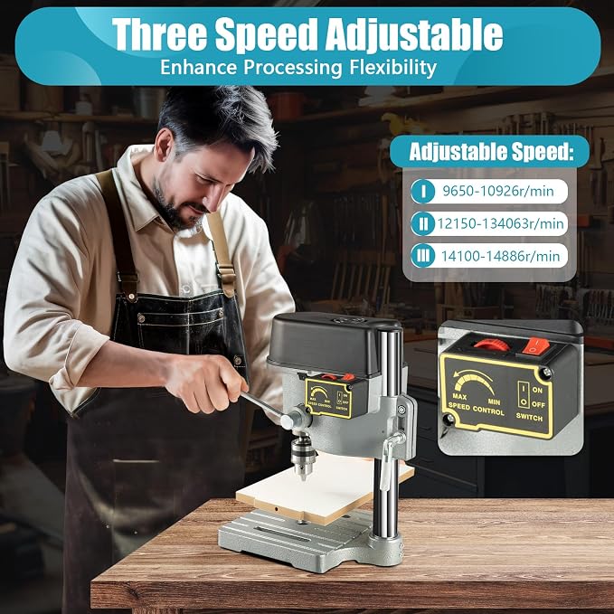 Mini Electric Bench Drill Stand, 3-Speed Benchtop Drill Press, 110V Low Noise Benchtop Variable Speed Drill Press Electric Bench Drilling Machine for DIY