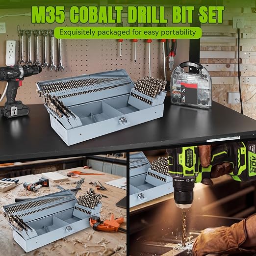 115 Pieces Cobalt Drill Bit Set, M35 High Speed Steel Twist Jobber Length Drill Bits for Stainless Steel Hard Metal and Cast Iron with Metal Indexed Case (1/16 Inch-1/2 Inch, A-Z, 1-60)