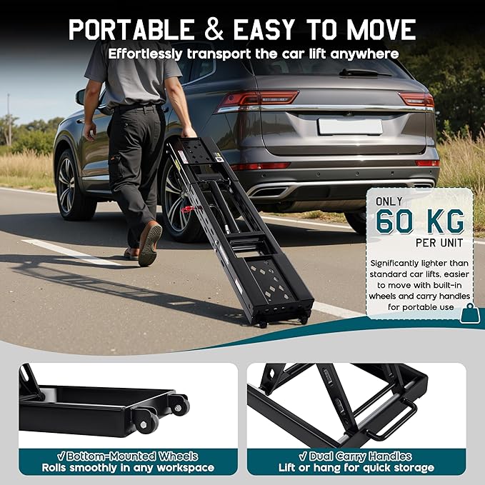 Albott 8000 LBS Portable Car Lift for Home Garage, Heavy-Duty Q355B Steel Vehicle Lift, Adjustable Height up to 27.4", 25–30s Fast Cycle, Locking Levers, Extension Plate, Foldable with Wheels