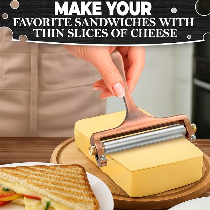 Handheld Wire Cheese Slicer with Adjustable Thickness - Stainless Steel Cheese Slicer with 2 Replacement Wires for Thick & Thin Portion Slices - Suitable for Mozzarella, Cheddar, Gruyere, Raclette