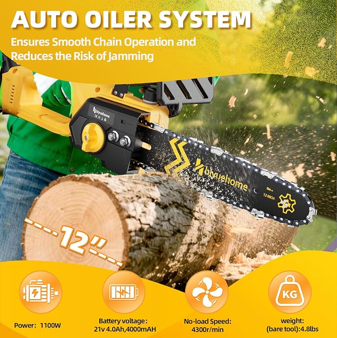12 Inch Electric Chainsaw Cordless Brushless Battery Tree Saw Yellow | Cordless, Automatic Oiler, Brushless Motor, Security Lock, For Wood/Trees Trimming