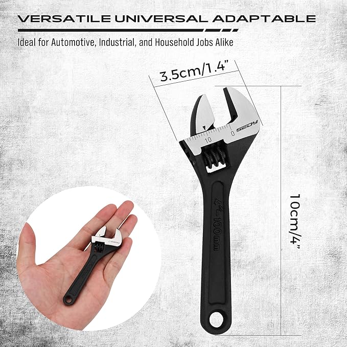 SEDY 4-Inch Mini Adjustable Wrench, Small Precision Wide Jaw Spanner with Inch/Metric Scale, Compact Cr-V Steel Black Oxide Tool for Automotive, Household and DIY Repairs