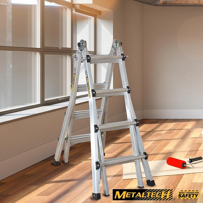 Metaltech E-MTL7100AL Jobsite Series 18-ft.-Reach Aluminum Telescoping Multi-Position Step Ladder for Home Improvement and Construction, Multipurpose Extension Ladder, Step Ladder, Scaffolding Support