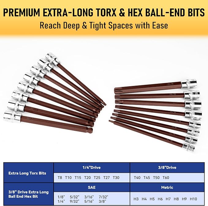 107-Piece Master Torx & Allen Bit Socket Set, S2 Steel, 1/4" 3/8" 1/2" Drive, Long Torx, Ball End Hex, Tamper-Resistant Star, E-Star Sockets, SAE & Metric (Chrome-Polished Set)