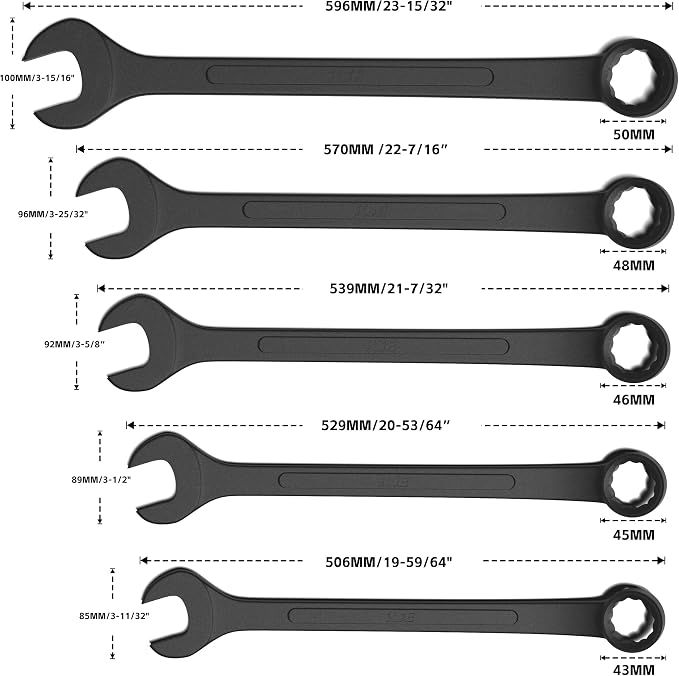 KJE 10-Piece Metric Black-Oxide Jumbo Combination Wrench Set, Open-End large Wrench, big Wrench Set, Metric Sizes 33 to 50mm for Large Vehicles