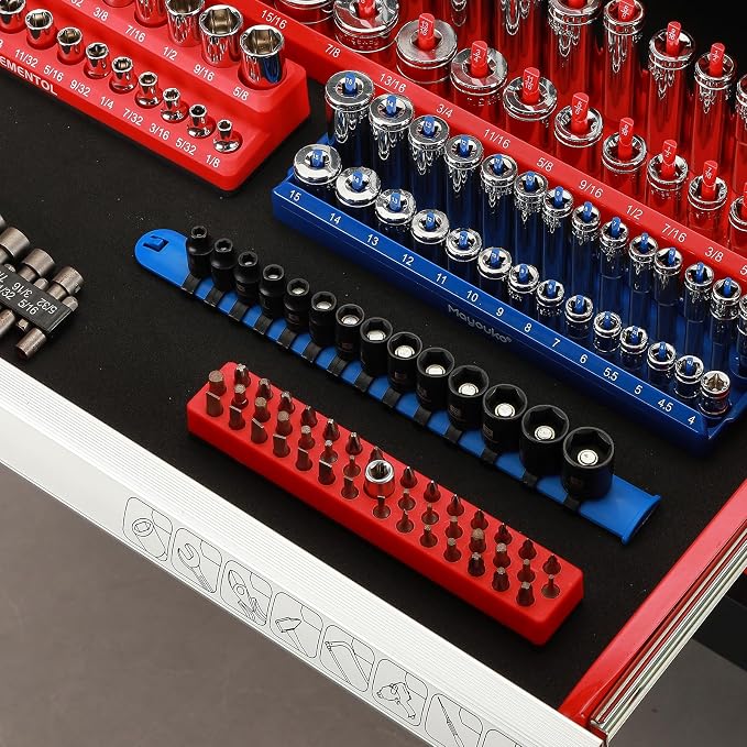 MIXPOWER 1/4" Drive Shallow Magnetic Impact Socket Set with Storage Rails, 14-Piece, 6 Point, 4-15mm, Metric, CR-MO