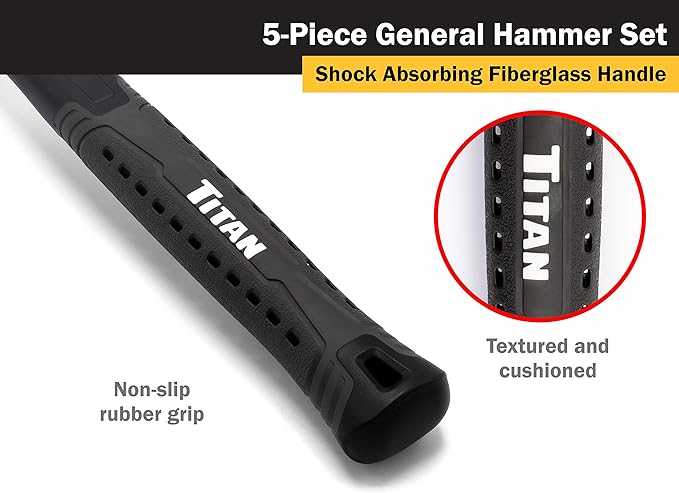 Titan 63125 5-Piece Hammer Set, Includes 16oz & 32oz Ball Pein, 32oz Rubber Mallet, 3lb Sledgehammer, & 3lb Cross Pein, Shock Absorbing Fiberglass Handles with Textured Grips