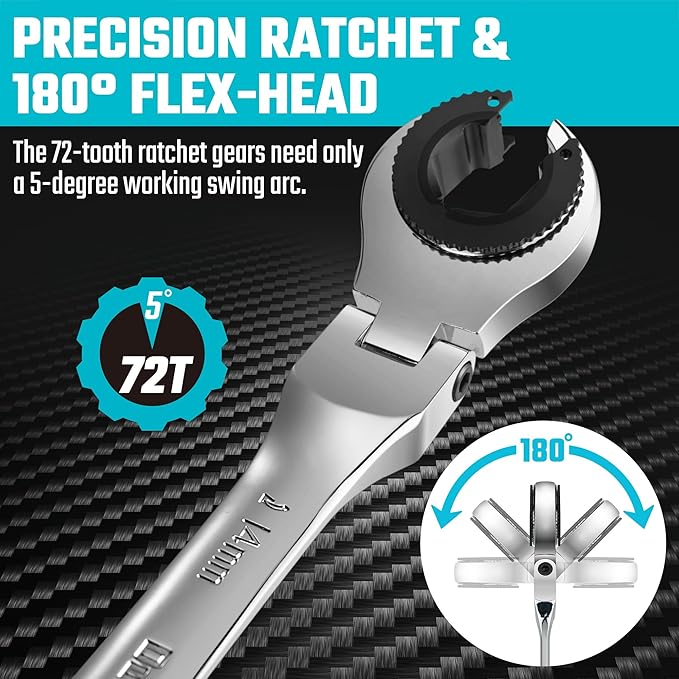 DURATECH 7-In-1 Ratcheting Wrench Set with Open Flex-head | Metric Ratcheting Tubing Wrench Set, 8-14mm, 72-Tooth Gear, CR-V Steel, with Tool Box, Gifts for Men