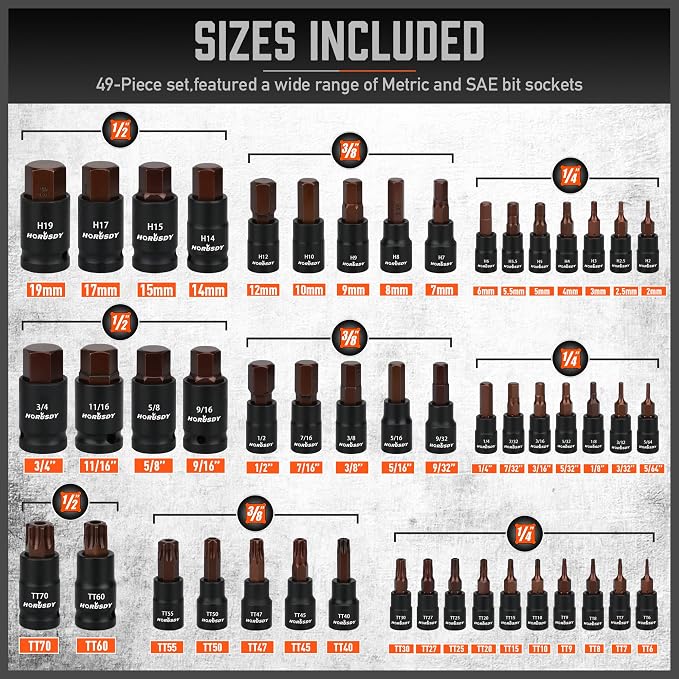 HORUSDY 66-Piece Allen Socket Set, Torx Bit & Female External Star Sockets | Durable S2 Steel SAE & Metric Kit for Automotive, Motorcycle & Home Repair | T8-T70, E4-E24 with 4 Impact Adapters