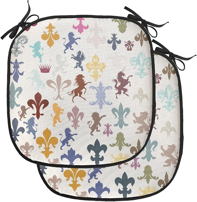 Lunarable Fleur De Lis Chair Cushion Pads Set of 2, Pattern with Lions Horses Griffins Unicorn and Royal Flower Fantasy Art, Anti-Slip Seat Padding for Kitchen & Patio, 16"x16", Ivory Multicolor