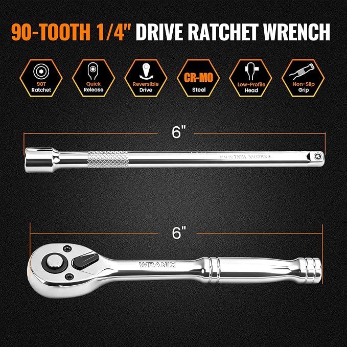 1/4“ Drive 90-Tooth Ratchet Wrench with Extension Bar | Socket Wrench, Reversible Design, Quick-Release, Cr-Mo Head, Cr-V Made, 4° Swing Arc, Full Polished