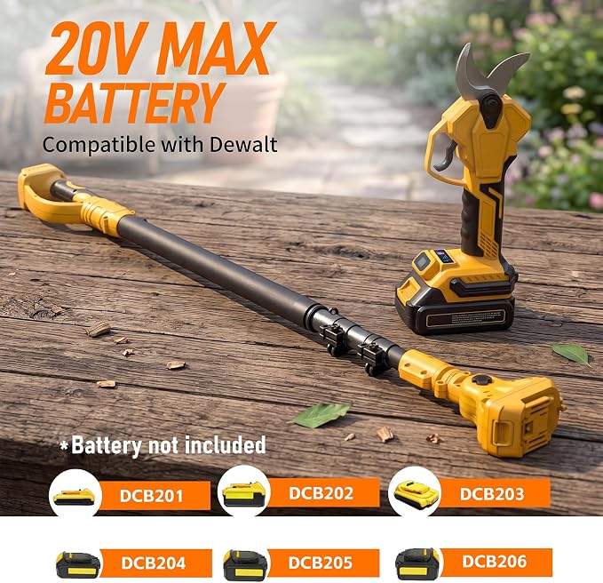 2 IN 1 Electric Pole Pruner Compatible with Dewalt 20V Battery(No Battery) | Electric Pruning Shears with 1.6" Cutting Diameter, 4 Modes, LCD Display for High Branch & Tree Trimming