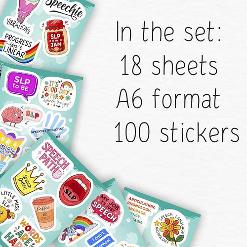100Pcs SLP Stickers for Water Bottle, Laptop – Speech Therapy Stickers and Decals – SLP Gifts - Funy Speach Therapy Party Supplies - Gifts for Men & Women