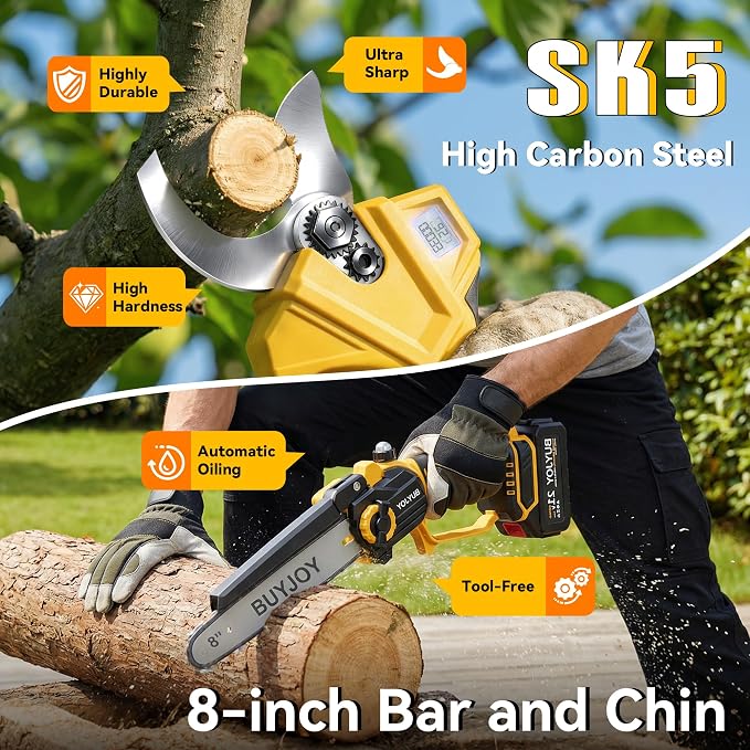 BUYJOY 2-in-1 Mini Chainsaw & Electric Pruning Shears, 1.8" Cutting Capacity, 8 Inch Cordless Chainsaw with 2 x 4.0Ah Batteries, Battery Powered Branch Cutter for Tree Trimming and Garden Pruning