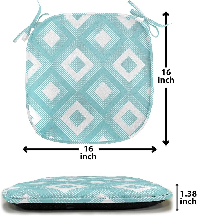 Lunarable Geometric Chair Seating Cushion Set of 12, Nested Diagonal Squares with Tiny Polka Dots Symmetric Repetition, Anti-Slip Seat Padding for Kitchen & Patio, 16"x16", White and Pale Teal