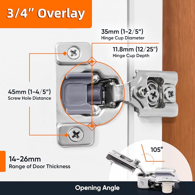 Decobasics 60 Pack Soft Close Cabinet Hinges – 7/16" Overlay for Kitchen Cabinet Doors, Face Frame Concealed Hidden Hinges – Stainless Steel, Self-Closing with 3-Way Adjustment & Slow Close Damper