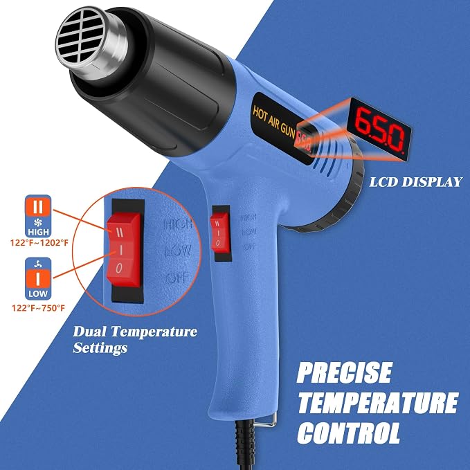 Digital Heat Gun, 110V Adjustable Hot Air Gun with 4 Nozzles, Side LCD Display, Rear Rotating Temp Control, 50-650℃（122-1202℉),Overload Protection, 4.9FT Cord Portable Heat Gun for Crafts, Shrink Wrap