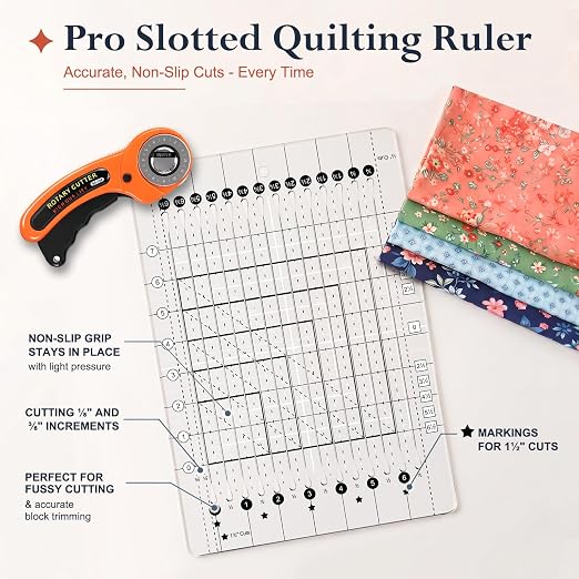 5-in-1 Quilting Ruler- 8.5" x 12.5" Slotted Quilting Ruler, 4mm Acrylic Non-Slip Strip Ruler, 1½" ¼" ⅛" Cuts for Fabric Precise Cutting, Sewing Quilt Strip Rulers Ideal for Beginners & Quilters