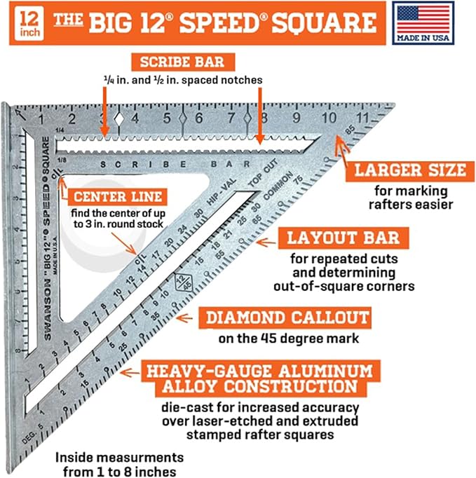 Swanson Tool Co S0107 "Big 12" 12-Inch Speed Square Layout Tool with Blue Book