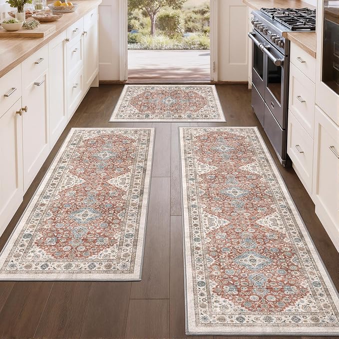 Color&Geometry Vintage Kitchen Rugs Sets of 3, Machine Washable 4mm Ultra Thin Stain Resistant Kitchen Floor Mats, Non Slip TPE Backing Runner for Sink,Hallway,Laundry,Entryway (2x3+2x5+2x7)
