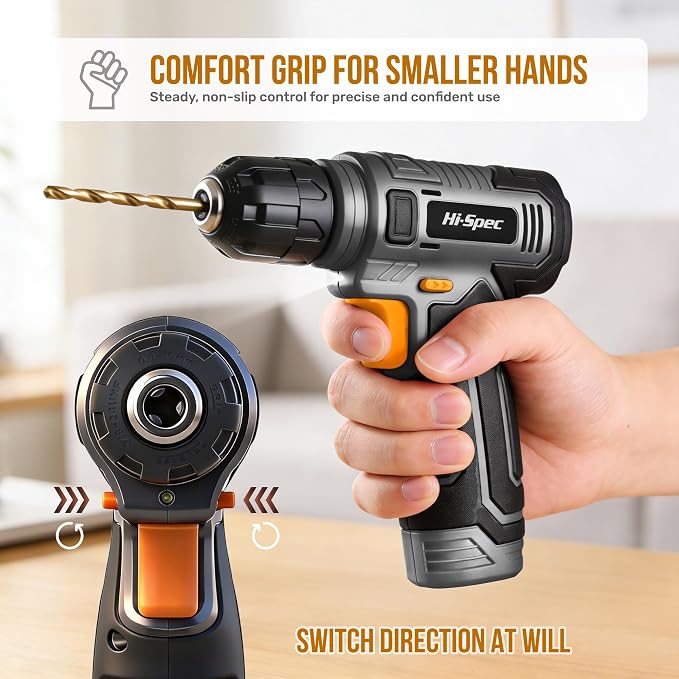 Hi-Spec 8V USB Power Drill Driver Screw Drill Bit Set. Cordless & Rechargeable Electric Drill Driver with Wall Hanging Kit,Gray