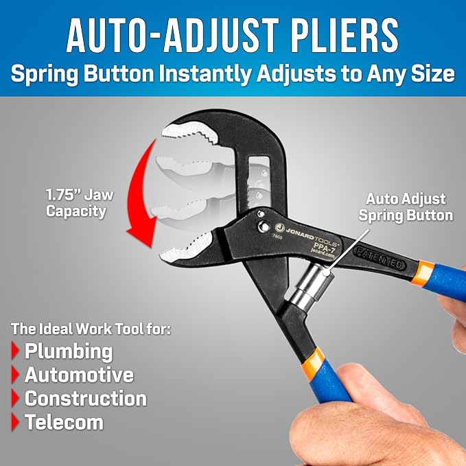 Jonard Tools PPA-7 Pump Pliers with One-handed Automatic Adjustment 1.75” Max Jaw Opening, 7" Length