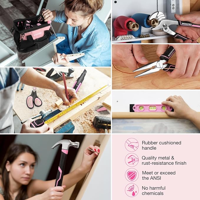 WORKPRO Pink Tool Kit with Drill, Tool Set with 20V Cordless Lithium-ion Drill Driver, Pink Drill Set for Women, 157PCS Home Tool Kit, Lady's Repairing Kit with 14-Inch Storage Bag - Pink Ribbon