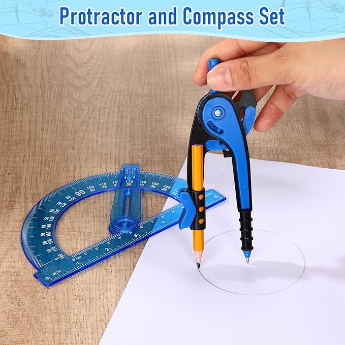 Zonon Student Protractor and Compass Set, Student Geometry Math Set Drawing Compass and 180 Degree 6 Inch Protractor with Swing Arm for Drawing Measuring School Office(Blue)
