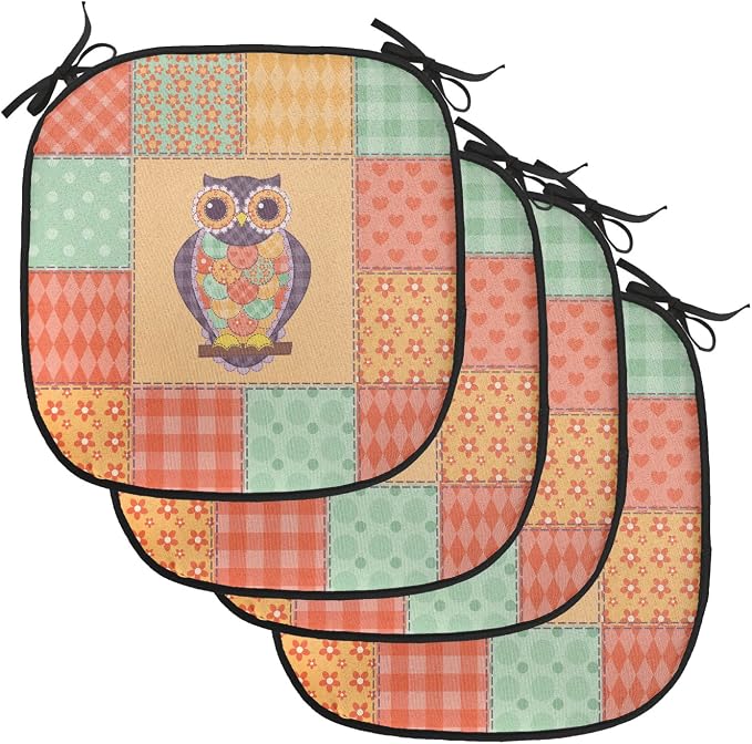 Lunarable Owls Chair Cushion Pads Set of 4, Owl on Spotted Striped Patchwork Background Vintage Crafting Design Art, Anti-Slip Seat Padding for Kitchen & Patio, 16"x16", Orange Mint Green Mauve