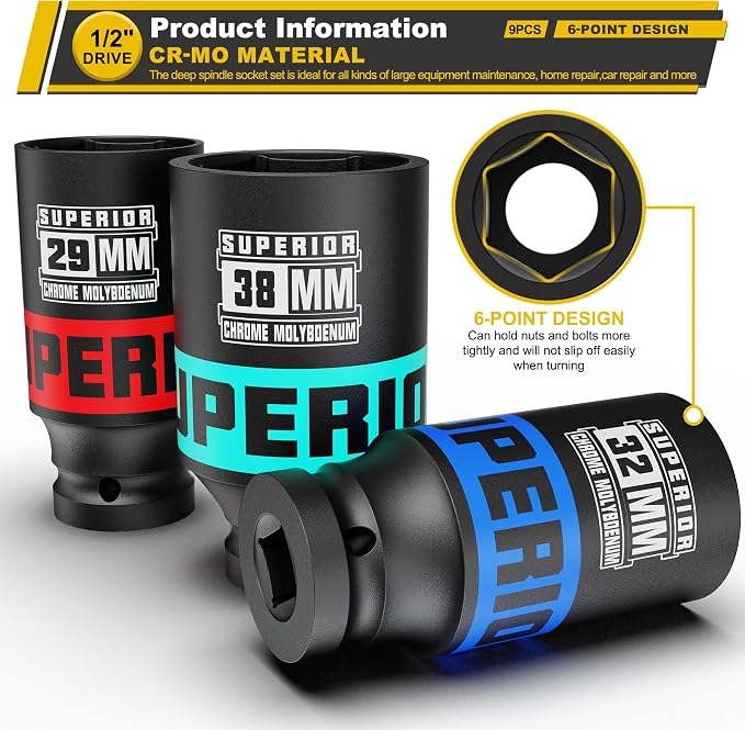 9 Piece 1/2" Drive Impact Socket Set, 29 mm-38 mm Axle Nut Socket, Metric, CR-MO, 6 Point, Large Equipment Maintenance, Home Repair, Car Repair and More