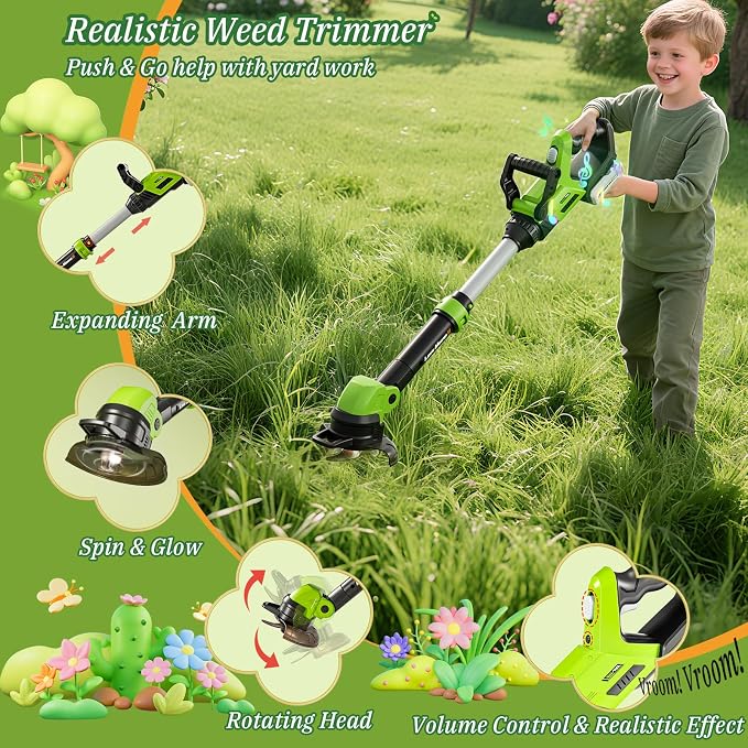 Kids Tool Set, 3-IN-1 Toddler Power Garden Tools with Sounds & Lights, Volume+/-, Toy Weed Wacker, Leaf Blower & Hedge Trimmer, Outdoor Play Toy Tools, Christmas Birthday Gifts for Boys 3 4 5 6 7 8+
