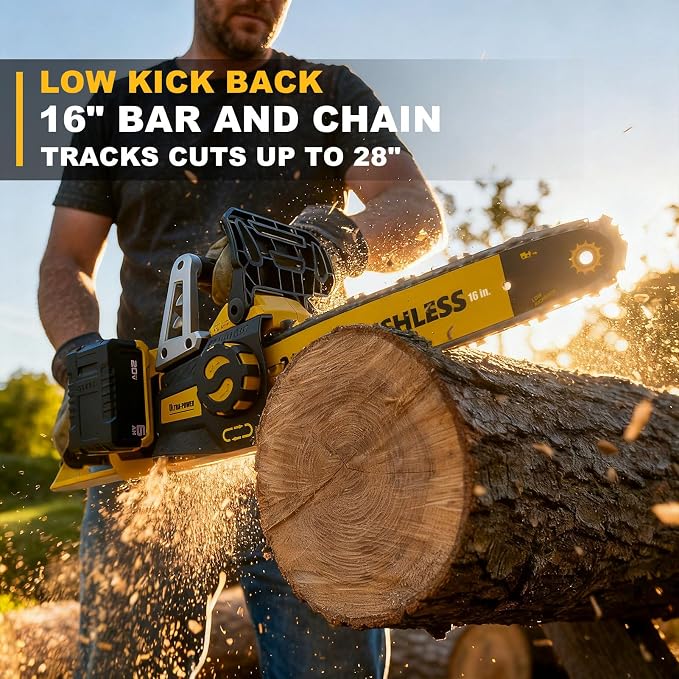 40V(20V*2) 16" Brushless Chainsaw Cordless, Electric Chainsaw Fully Compatible with DeWalt 20V MAX, Auto-Oiling, Tool-Free Tensioning, Safety Chain Brake, Batteries and Charger Not Included