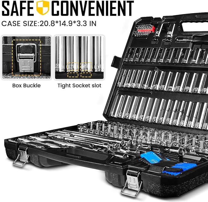 BOEN 225PCS Mechanic Tool Set, 1/4" & 3/8" & 1/2" Drive Socket Wrench Set, Metric and Standard Full Socket Set, with 90-Tooth Ratchet, Auto and Bike Repair with Heavy Duty Case