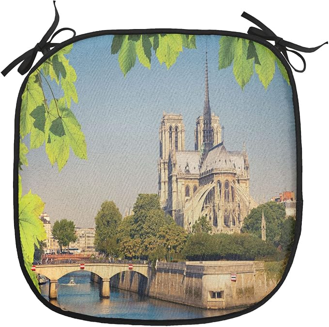 Lunarable Paris Chair Cushion Pads Set of 8, Notre Dame de Paris Historical Architecture Heritage Medieval European Building, Anti-Slip Seat Padding for Kitchen & Patio, 16"x16", Green Blue Ivory